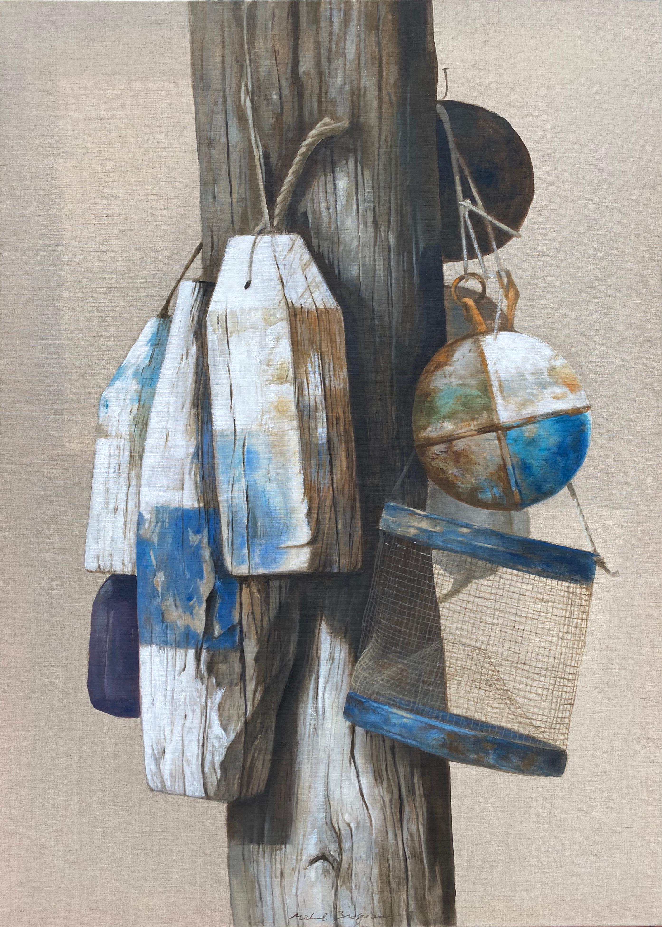 Michel Brosseau Still-Life Painting - "Awaiting The Catch" oil painting of hanging buoy and closures in blue and white