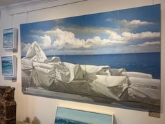 „Below the Clouds“, Ölgemälde mit gerollten Segeln mit Ozeanen und wolkenverhangenem Himmel hinter