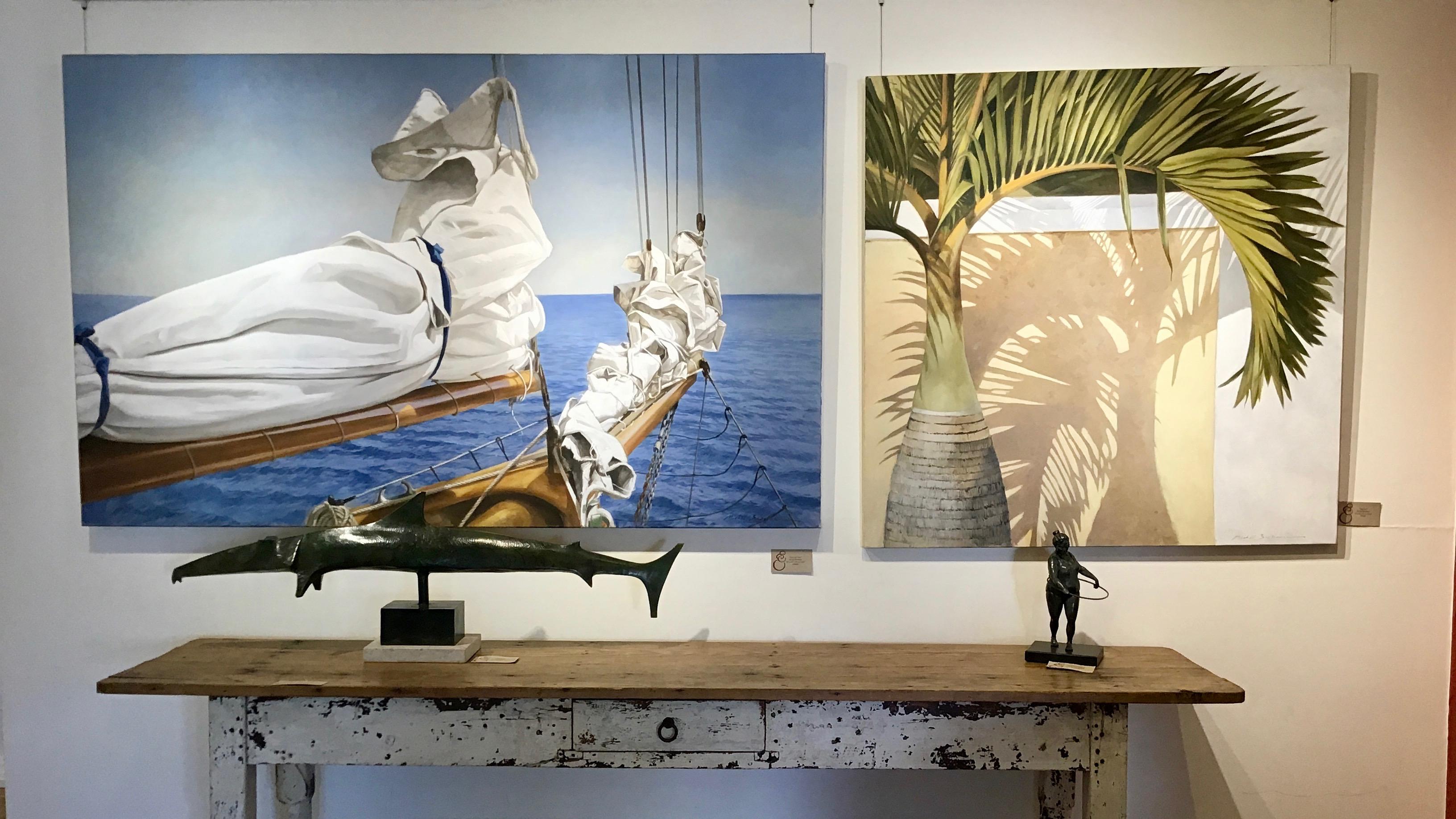 Peinture à l'huile « Bottle Palm » d'un palmier vert avec ombre - Painting de Michel Brosseau