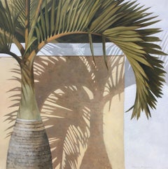 "Bottle Palm" oil painting of a green palm tree with shadow