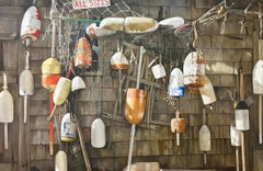 "Bouee Patine" photorealist oil painting of colorful weathered buoys on shingles
