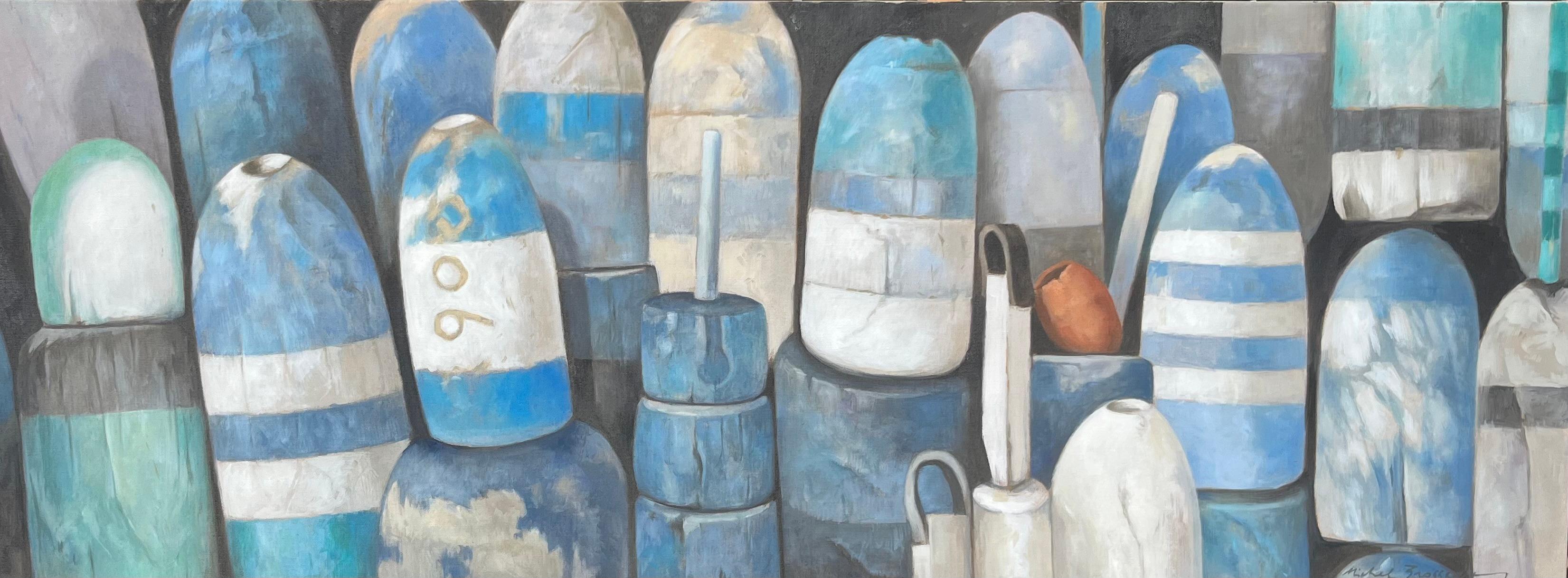 Michel Brosseau Still-Life Painting – „Bouees Bleues“, eine fotorealistische Nahaufnahme von Blättern in Blautönen aus der Nähe