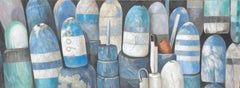 "Bouees Bleues" a photorealist close up view of bouees in tones of blue