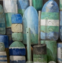 "Buoys 2022" photorealist oil painting of blue and green buoys close up