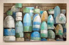 "Buoys" keepers of the sea in hues of blue and green lean against tired wood