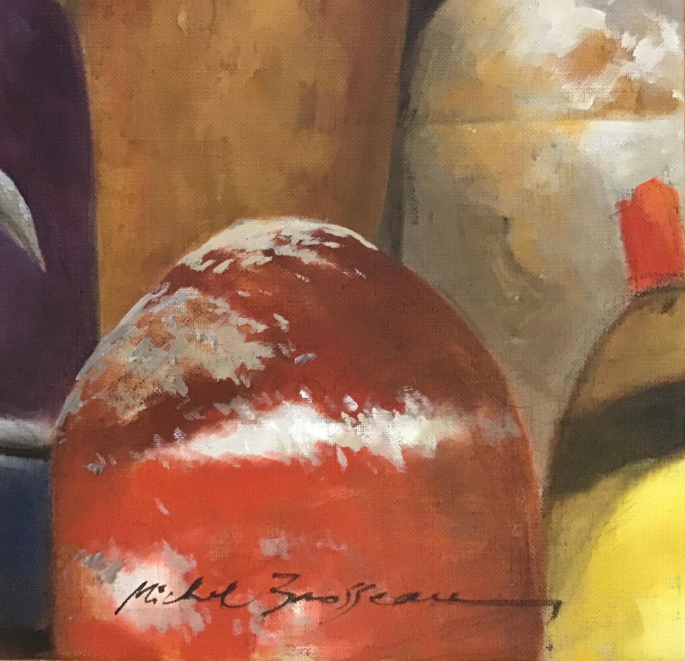 Oil painting of red, orange and yellow buoys.

Michel Brosseau was born in Nantes and has lived in Bordeaux for many years. Both cities are on the Atlantic coast of France and have rich maritime histories, highlighted by prosperous trade with the