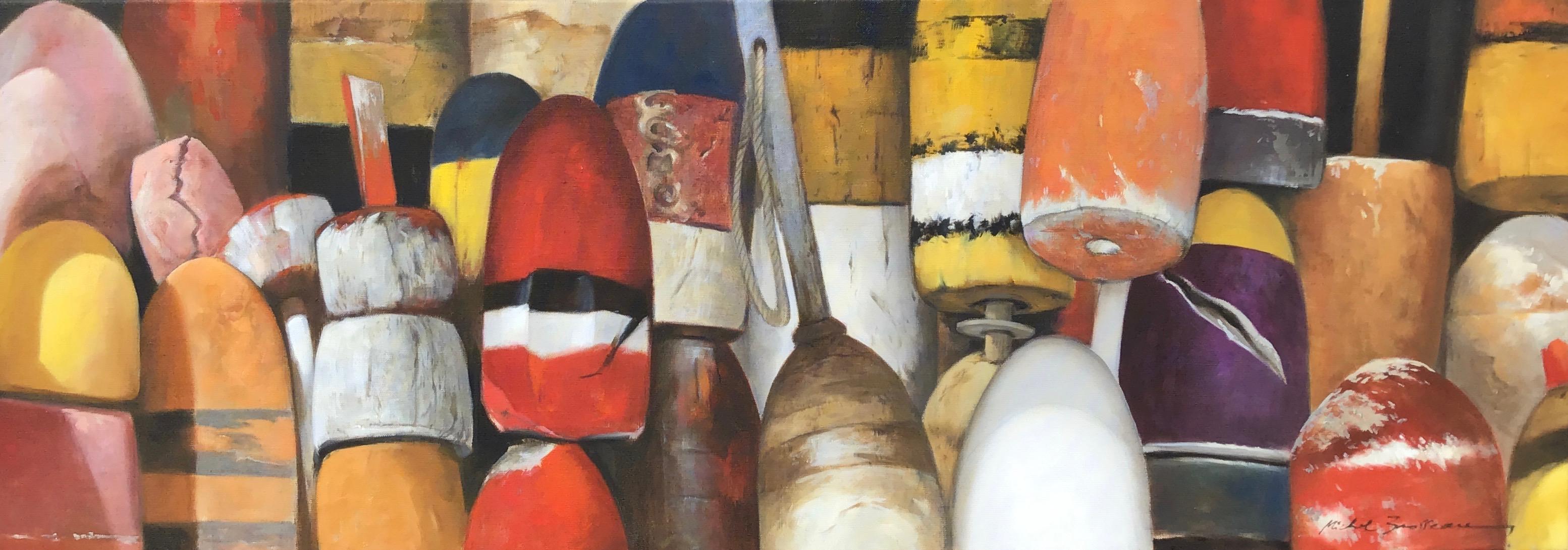 Michel Brosseau Still-Life Painting - "Buoys on October" oil painting of red, orange and yellow buoys
