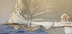 "Casting Off" photorealist oil painting, closeup of sailboat bow and sail