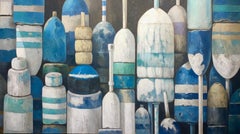 "Classic Blues" oil painting of lined up buoys in shades of blue and white