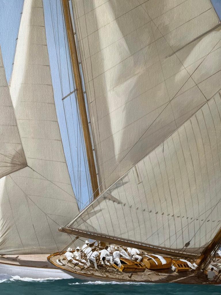 „Classic Race“ horizontales Ölgemälde von zwei Segelbooten und Schiffsmannschaft mit blauem Himmel 1