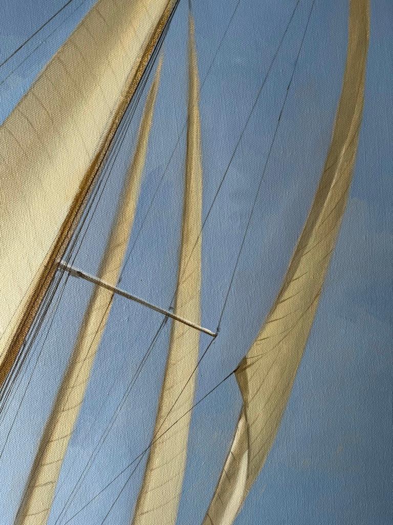 „Classic Race“ horizontales Ölgemälde von zwei Segelbooten und Schiffsmannschaft mit blauem Himmel 3