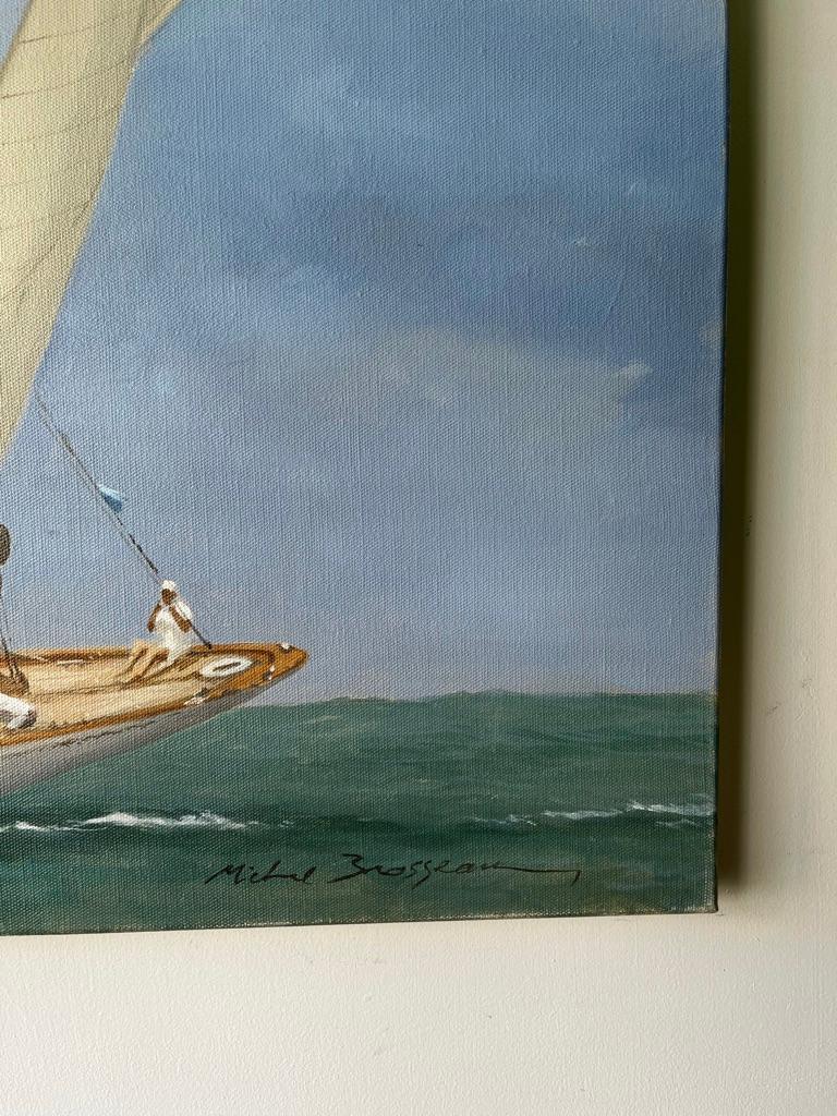 „Classic Race“ horizontales Ölgemälde von zwei Segelbooten und Schiffsmannschaft mit blauem Himmel 5