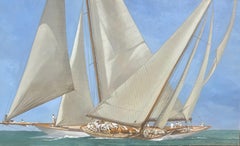 "Classic Race" horizontal oil painting of two sail boats and crew with blue sky