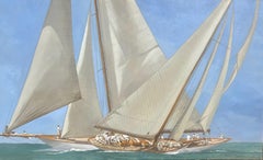 „Classic Race“ horizontales Ölgemälde von zwei Segelbooten und Schiffsmannschaft mit blauem Himmel