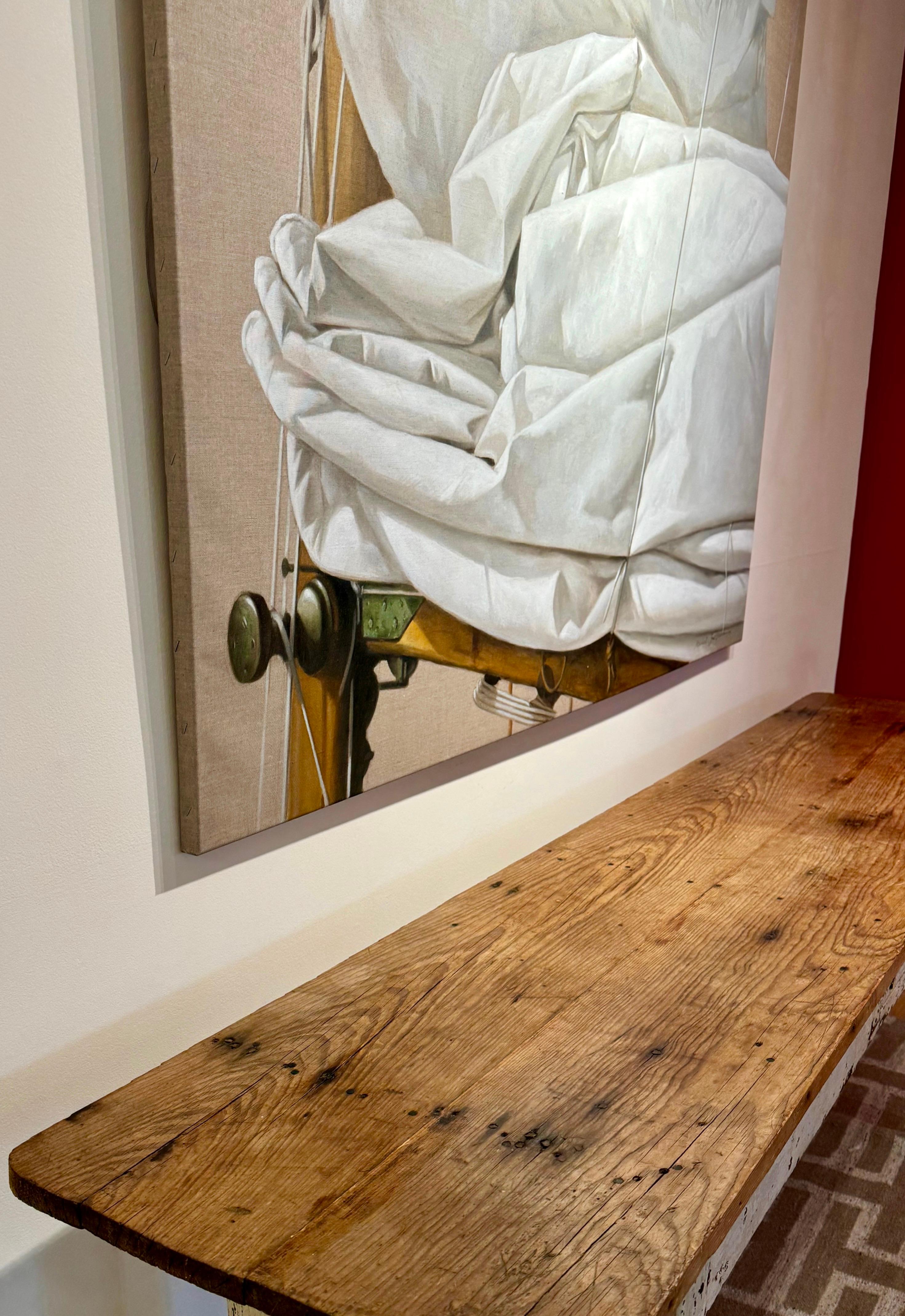 „Classic White (O)“ fotorealistisches Ölgemälde einer detaillierten Segel-Leinwand – Painting von Michel Brosseau