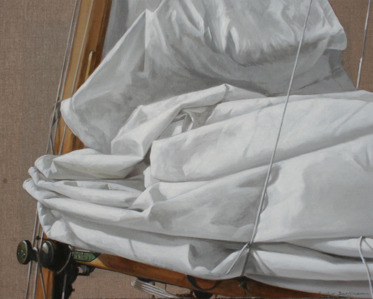 Michel Brosseau Still-Life Painting - "Classic White (O)" photorealist oil painting of a detailed Sail's Canvas