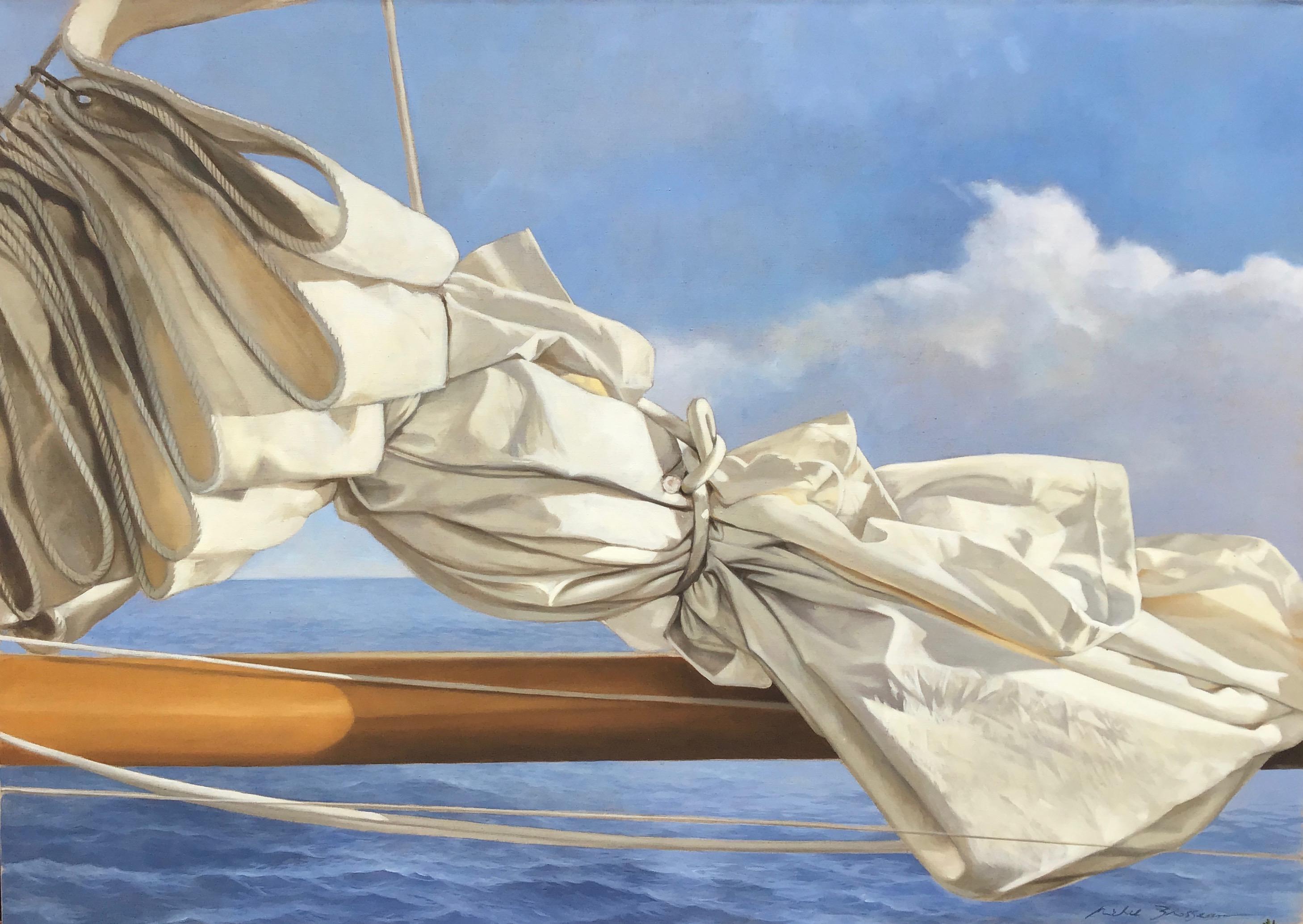Michel Brosseau Landscape Painting - "Cloudy Sail" Oil painting of a folded white sail with blue ocean behind