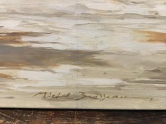 "Conched Out" pintura al óleo de caracolas rosas delante de una puerta azul