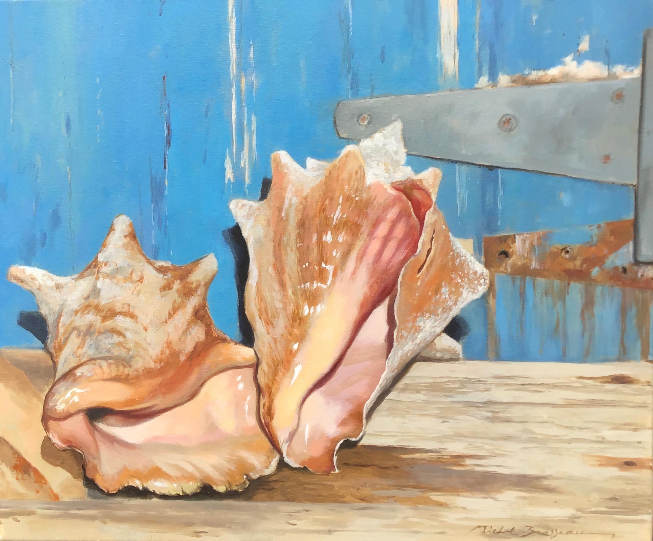 Michel Brosseau Still-Life Painting - "Conched Out" oil painting of pink conchs in front of a blue door 