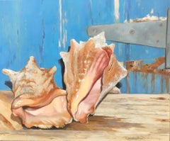 "Conched Out" oil painting of pink conchs in front of a blue door 