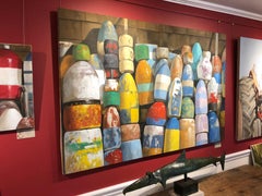 "Crayola" photorealistic oil painting of colorful buoys against shingles
