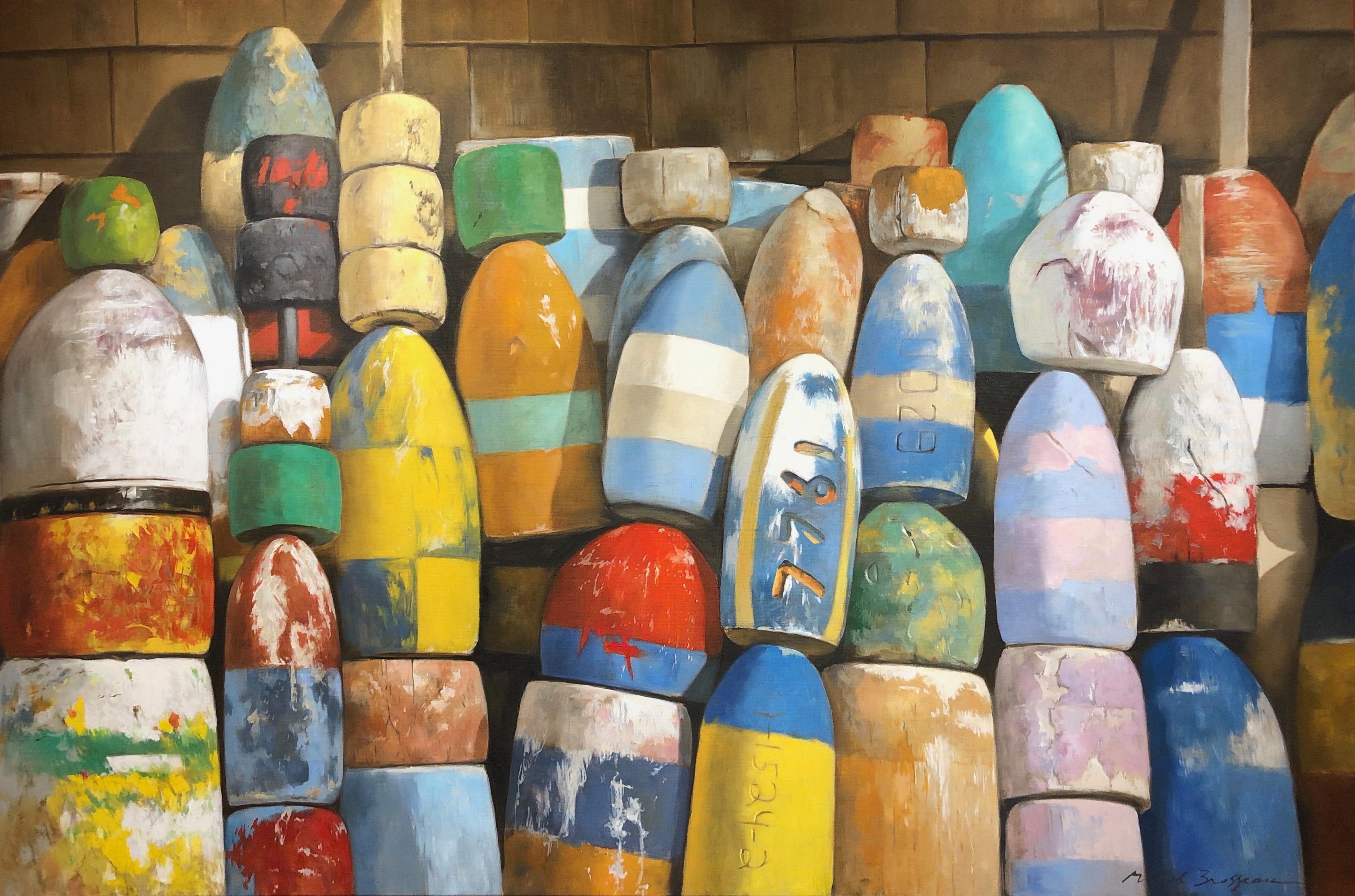 Michel Brosseau Still-Life Painting - "Crayola" photorealistic oil painting of colorful buoys against shingles