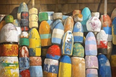 "Crayola" photorealistic oil painting of colorful buoys against shingles