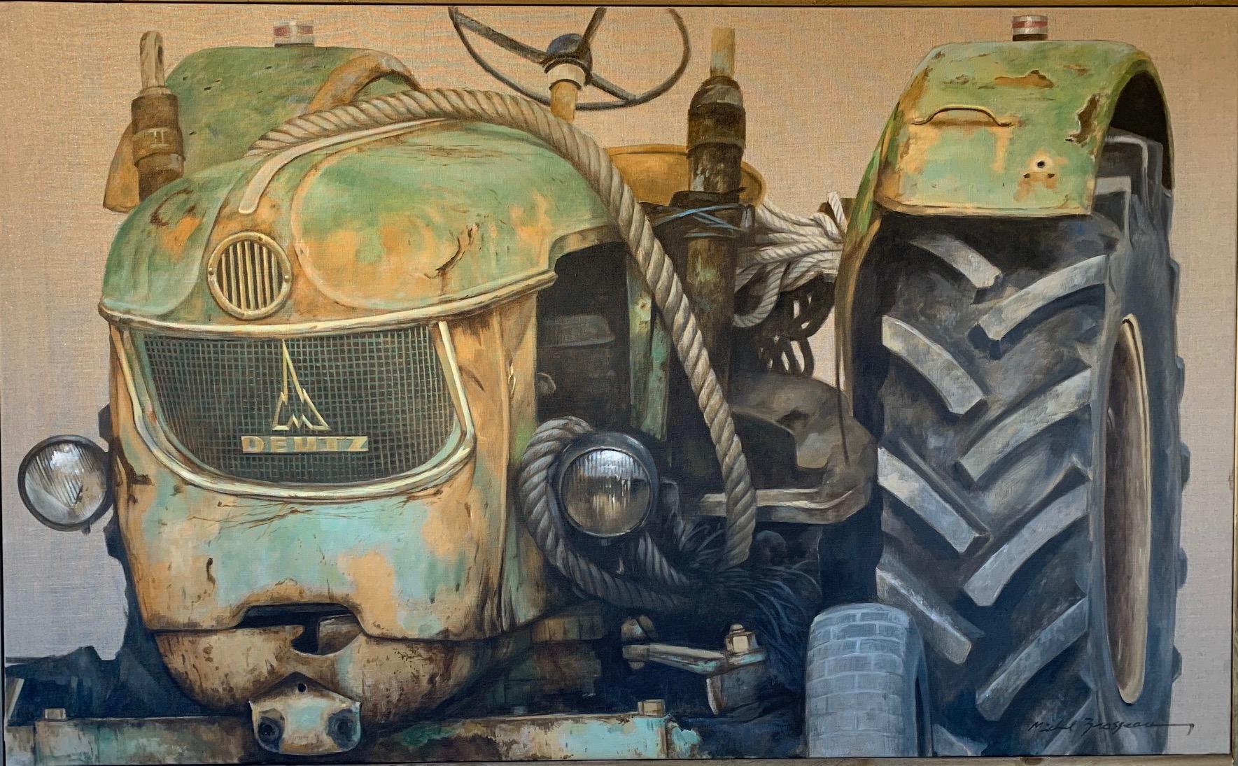 Michel Brosseau Still-Life Painting - "Deutz" photorealist oil painting of an old green tractor 