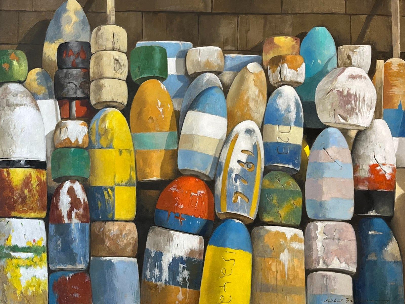 Michel Brosseau Still-Life Painting - "Fisherman's Pride" a photorealist landscape of fishing buoys in vibrant tones