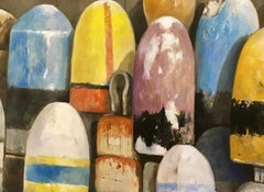 "Gold and Blues" oil painting of colorful buoys against shingles
