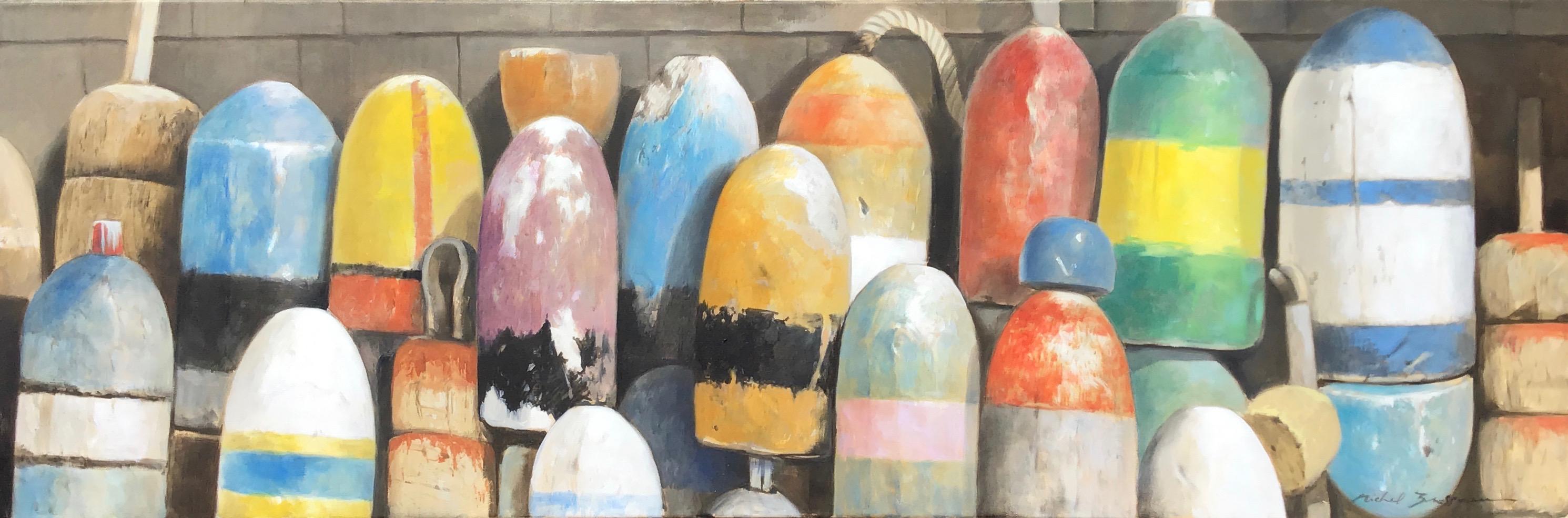 Michel Brosseau Still-Life Painting - "Gold and Blues" oil painting of colorful buoys against shingles