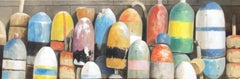 "Gold and Blues" oil painting of colorful buoys against shingles