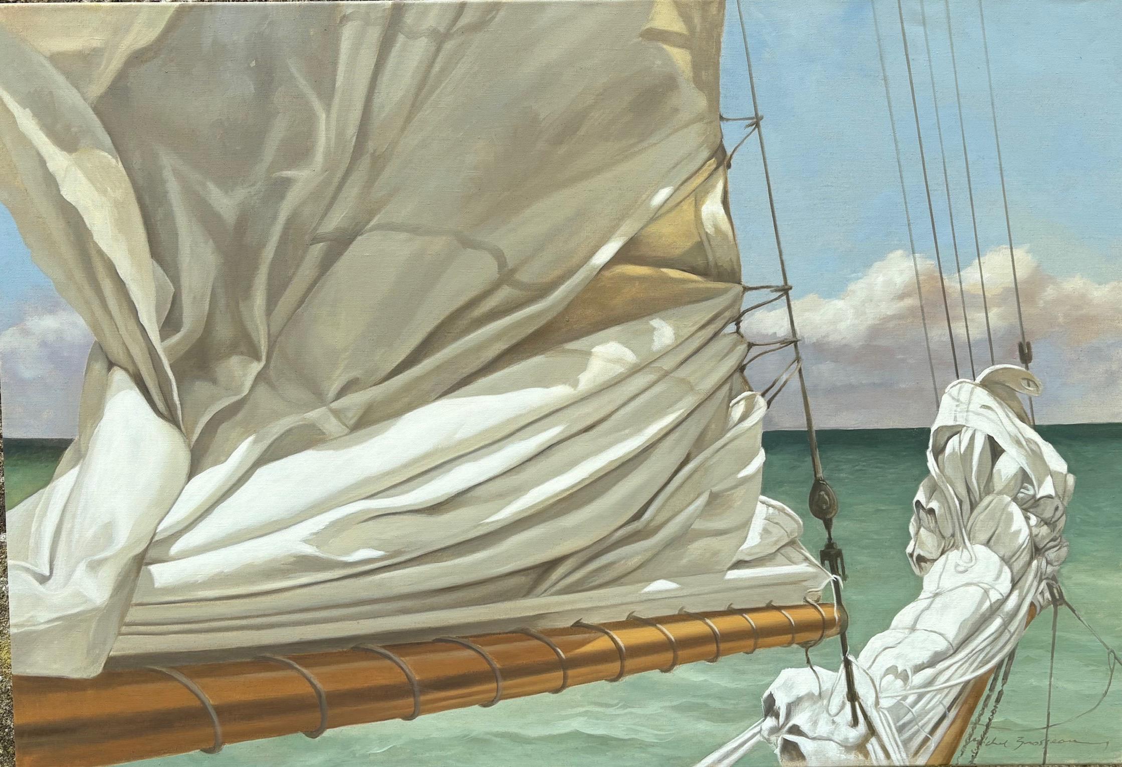 "Hastily Slumped" wooden sailboat, ships, turquoise sea, nautical, white sails