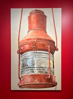 "Lanterne Rouge" vertical oil painting of a nautical red metal and glass lantern
