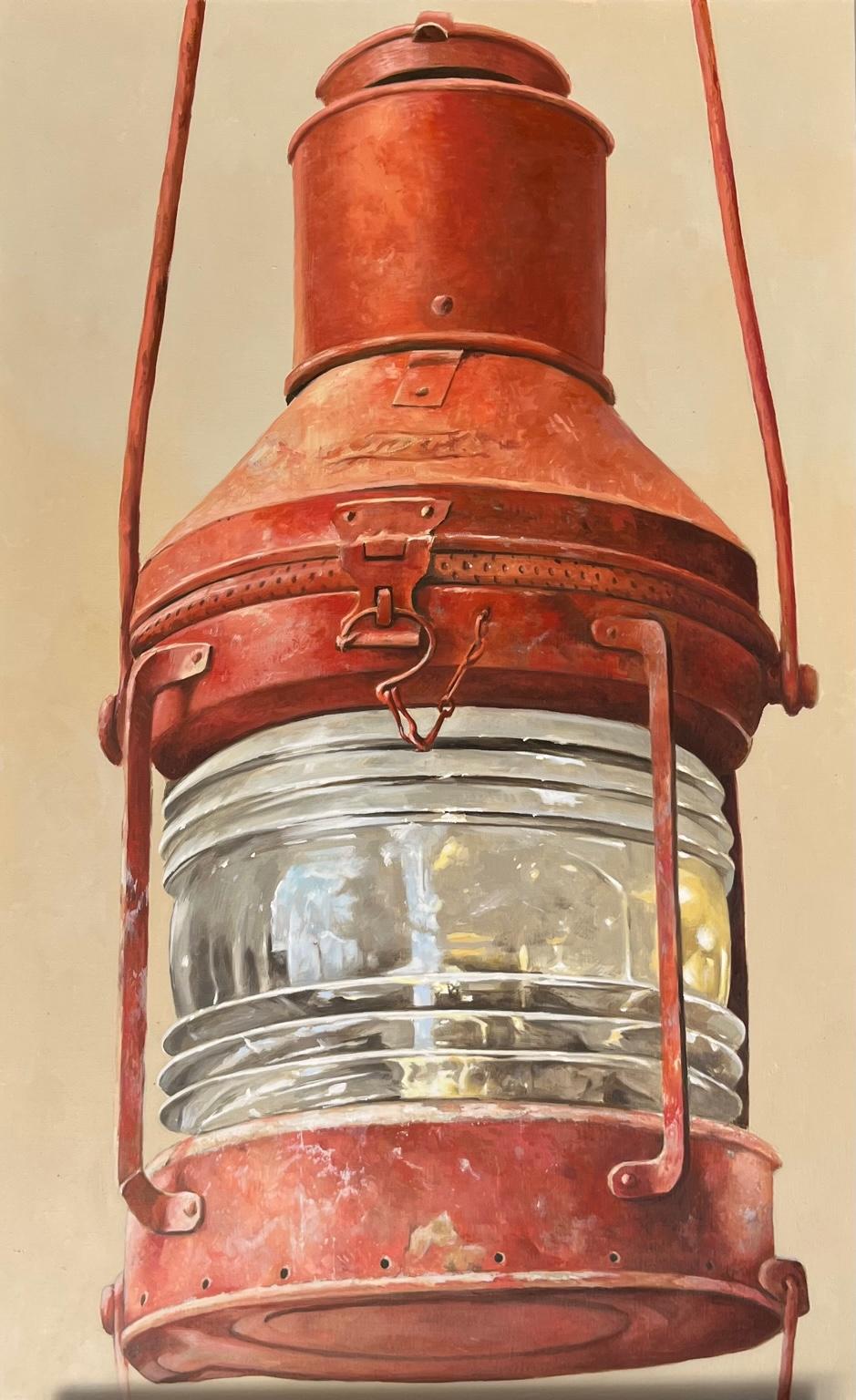 Michel Brosseau Still-Life Painting - "Lanterne Rouge" vertical oil painting of a nautical red metal and glass lantern