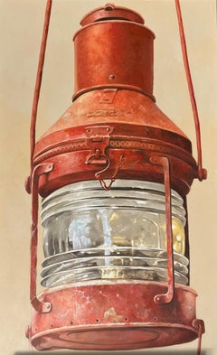 "Lanterne Rouge" vertical oil painting of a nautical red metal and glass lantern