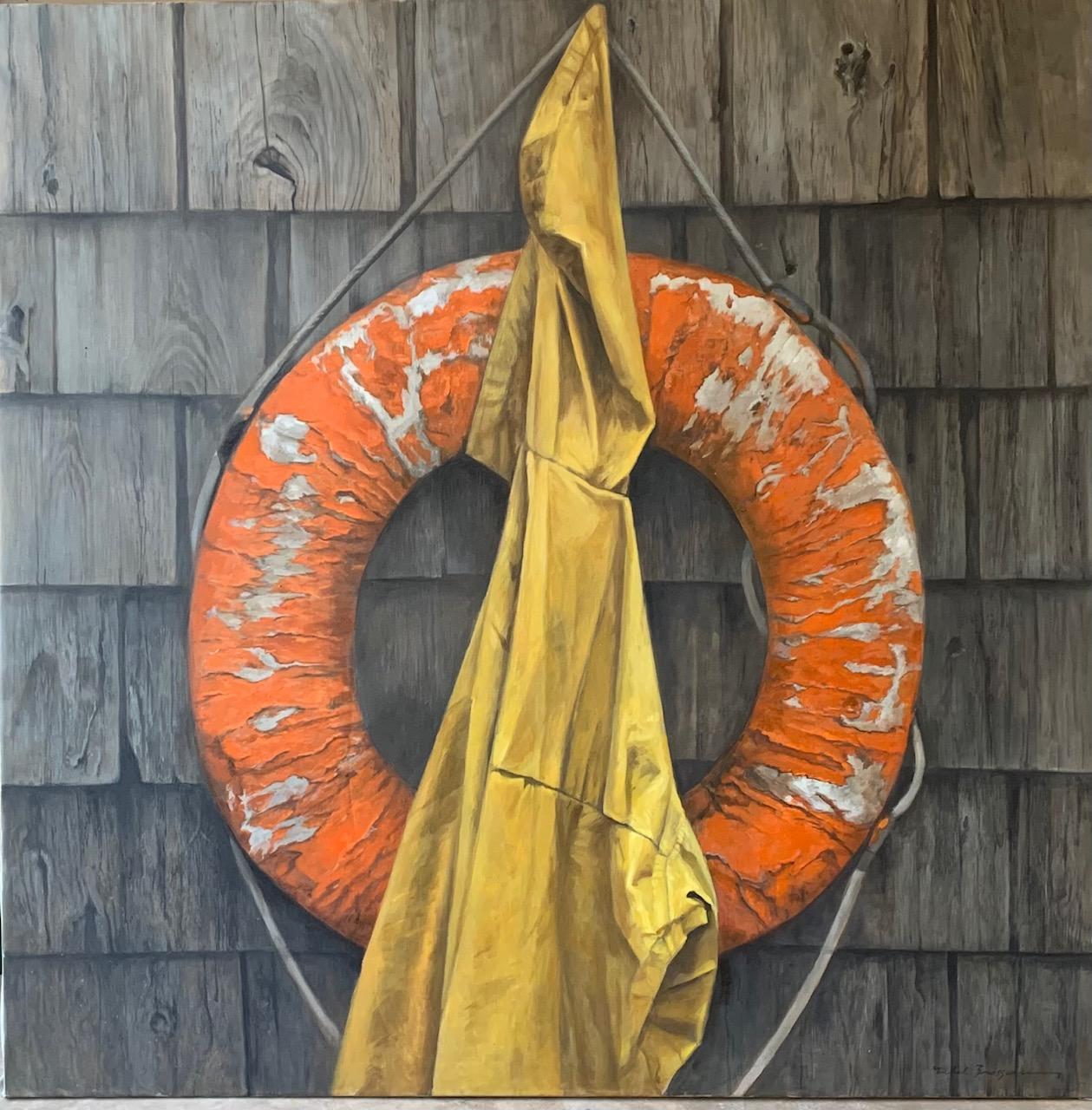"Las Orange" photorealist oil painting of distressed orange life buoy, chingles
