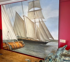 "Le Grand Voilier" photorealist oil painting, bow of sailboat, tall ship behind