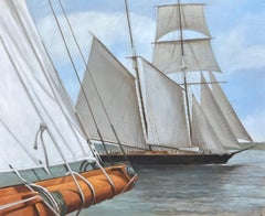 "Le Grand Voilier" photorealist oil painting, bow of sailboat, tall ship behind