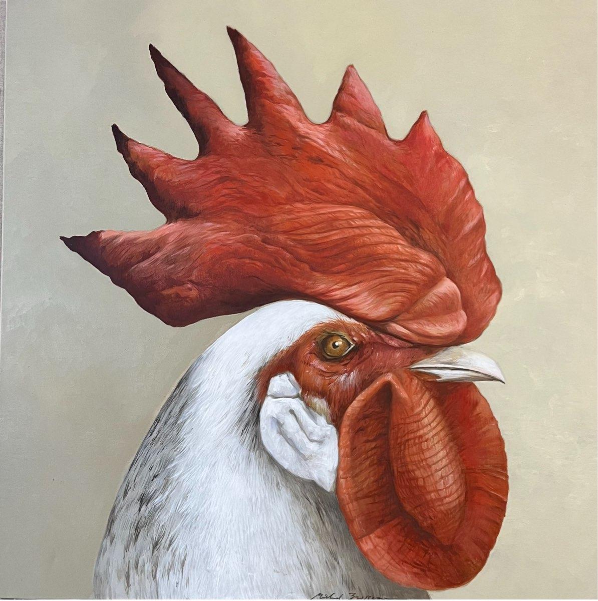 Michel Brosseau Still-Life Painting - "Liberté", a photorealist side profile of a rooster with a proud red features