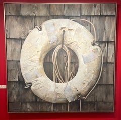 "Life Buoy" oil painting of a white lifebuoy hanging on a dark shingled wall