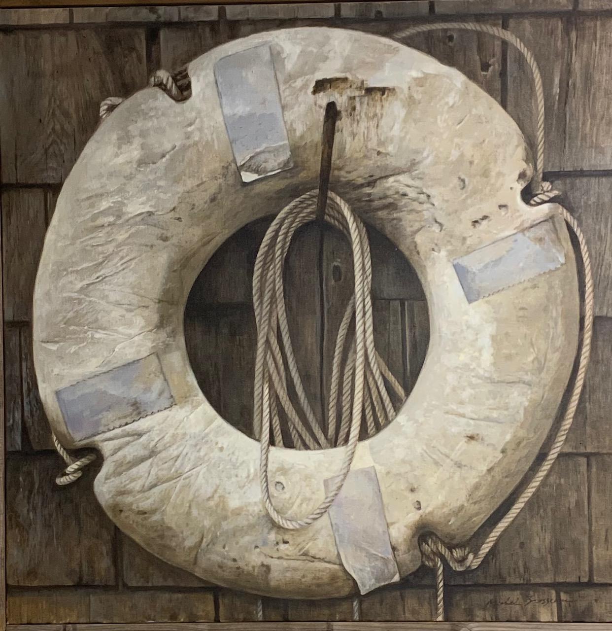 Michel Brosseau Still-Life Painting - "Life Buoy" oil painting of a white lifebuoy hanging on a dark shingled wall