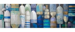 "Menemsha Buoys" oil painting of blue, green, and white buoys 