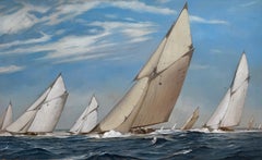Michel Brosseau, "Race", dipinto a olio su lino 35x57 Regata dinamica di vela