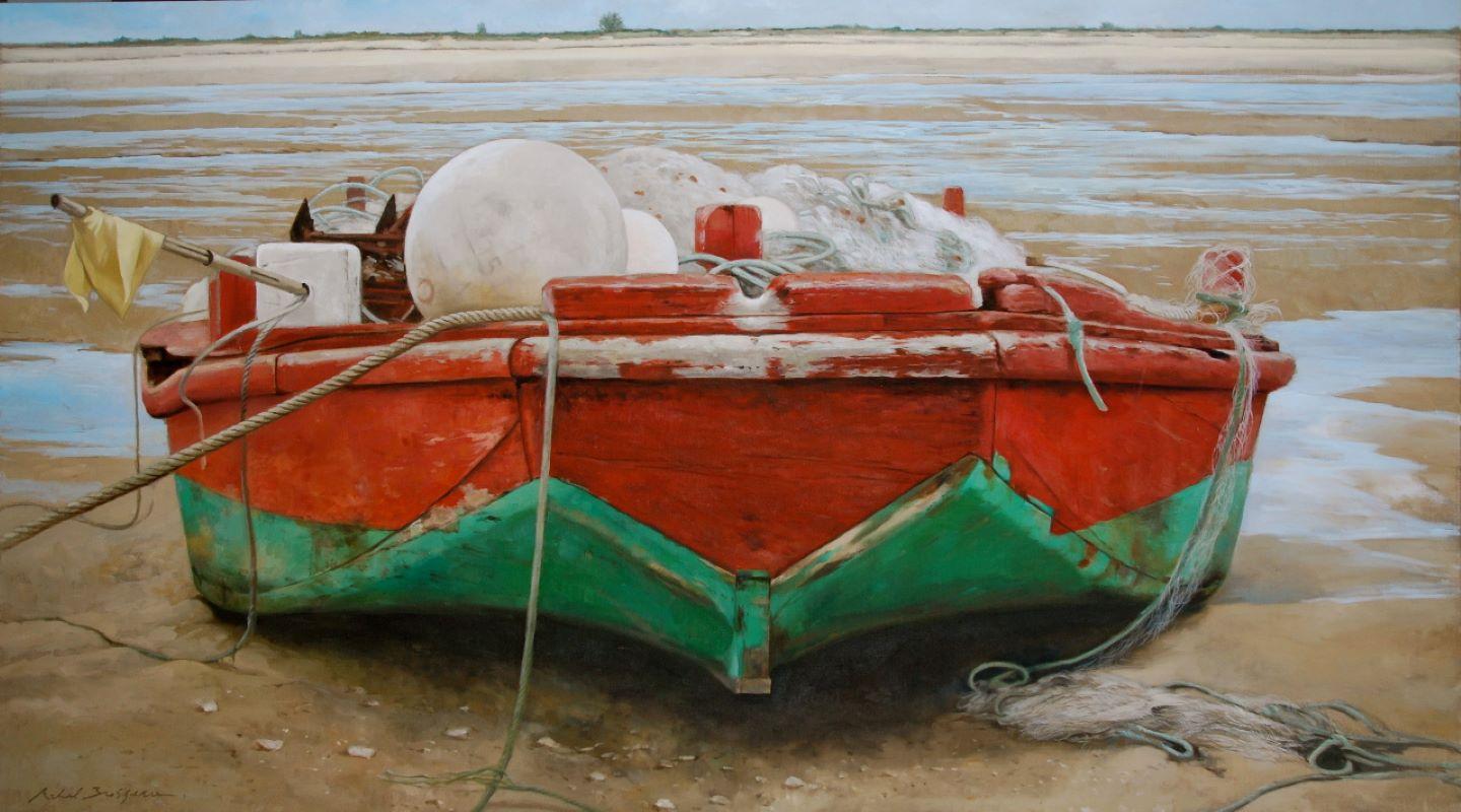 "Oyster Catcher" a photorealist oil painting, a festive fisherman's boat