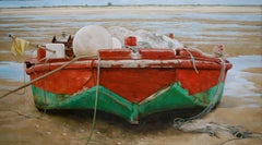 Used "Oyster Catcher" a photorealist oil painting, a festive fisherman's boat
