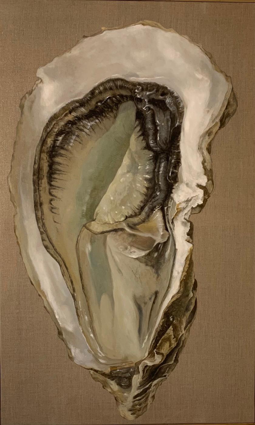 Michel Brosseau Still-Life Painting - "Oyster" vertical photorealist oil painting of an open oyster, linen behind