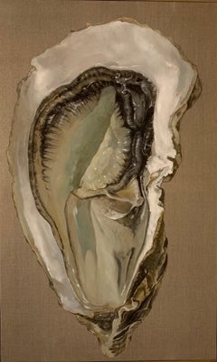 "Oyster" vertical photorealist oil painting of an open oyster, linen behind