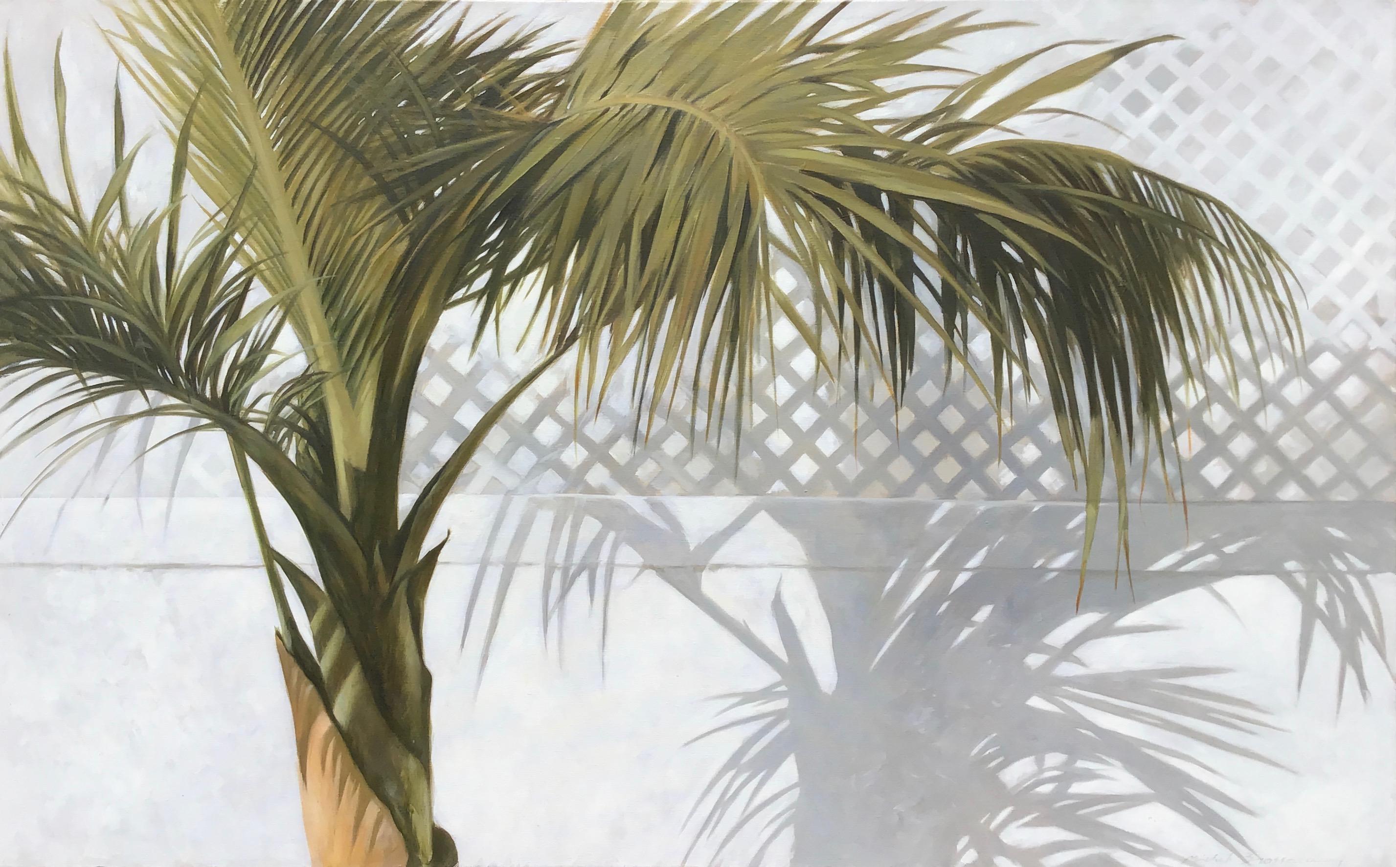 Still-Life Painting di Michel Brosseau - "Palma con ombra" dipinto a olio di foglie di palma verdi con un'ombra alle spalle