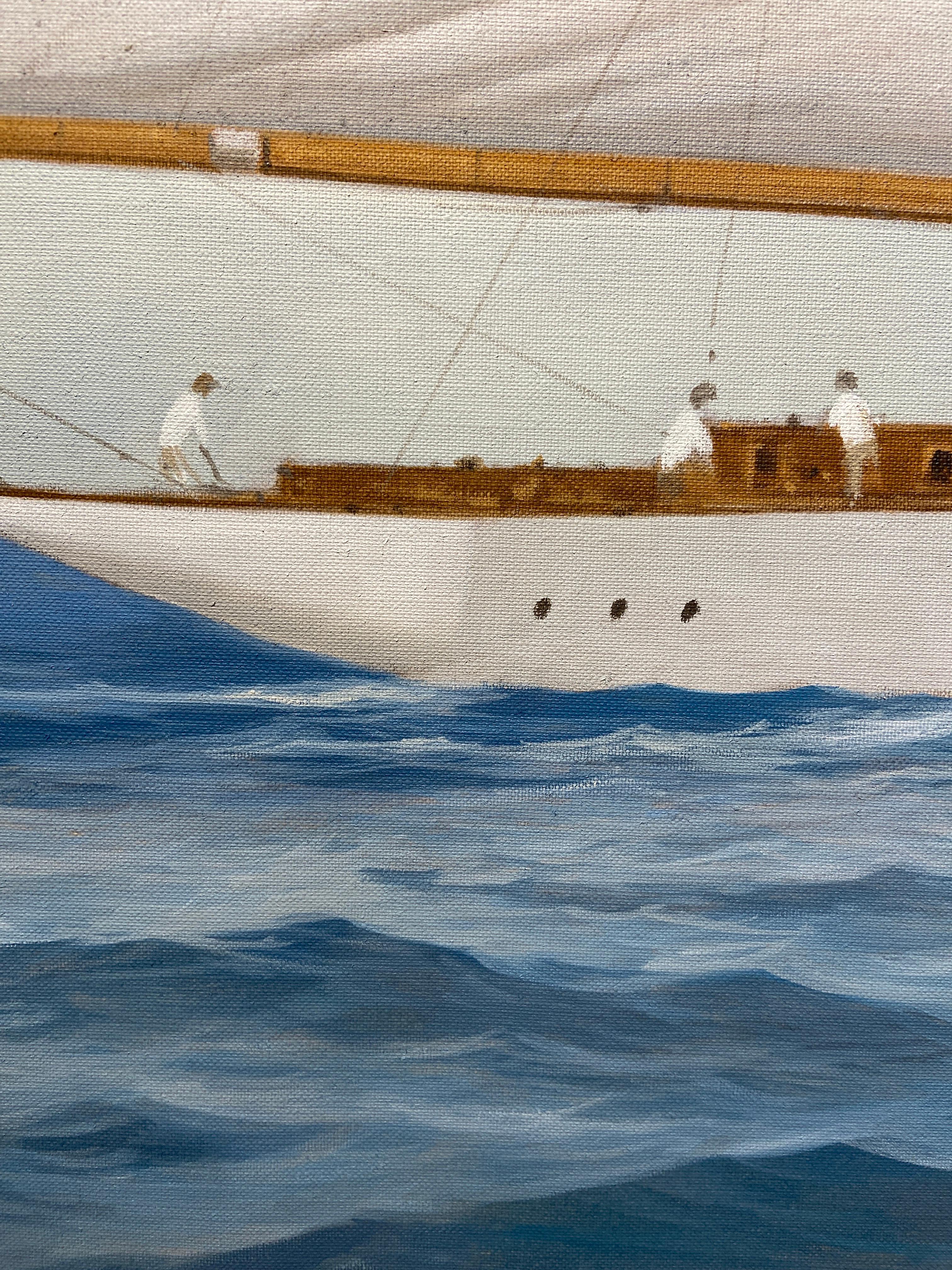 « Paintramique », une peinture à l'huile maritime photoréaliste représentant un navire naviguant - Painting de Michel Brosseau
